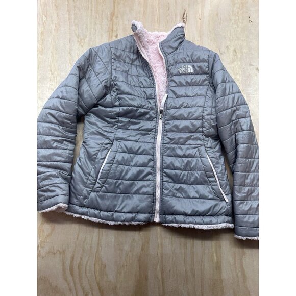 The North Face Reversible Mossbud Swirl Puffer Jacket Full Zip Gray/Pink L - Picture 1 of 9